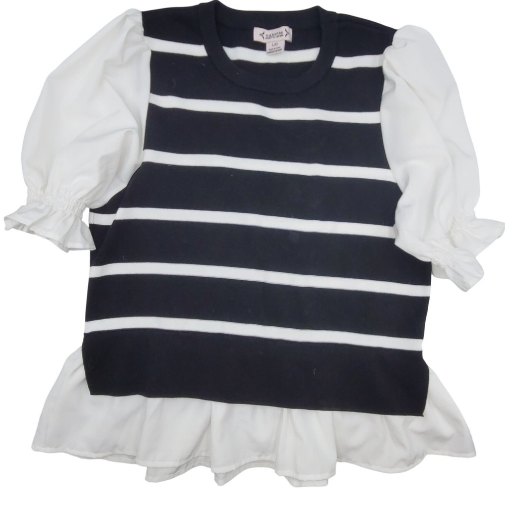Preppy Coquette Black White Striped Mixed Media Puff Sleeve Peplum Top LG